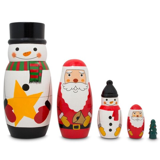 Santa Snowman Christmas Tree Wooden Nesting Dolls 5 Inches